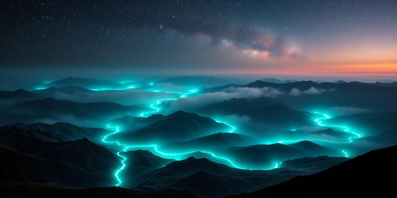 Glowing teal data-rivers over mountains