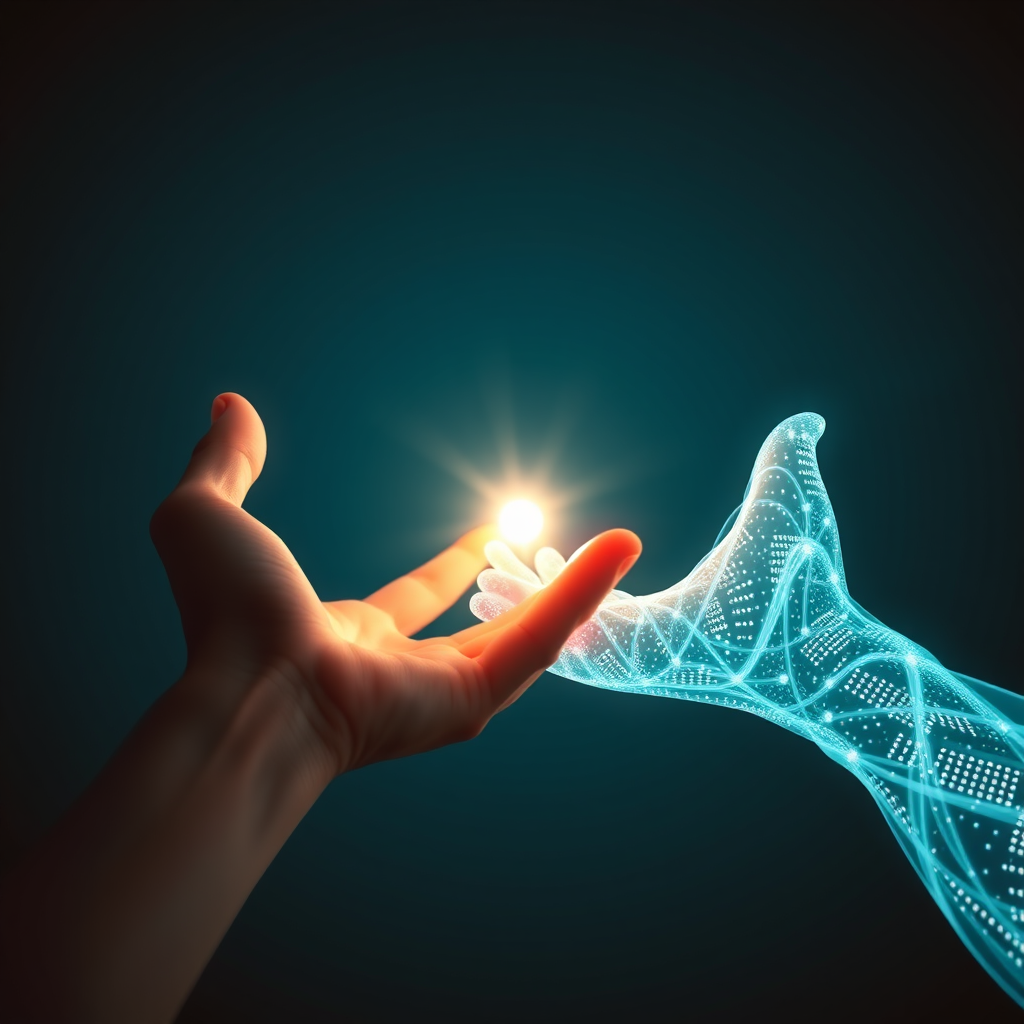 A human hand and a hand of living data sharing a spark of light